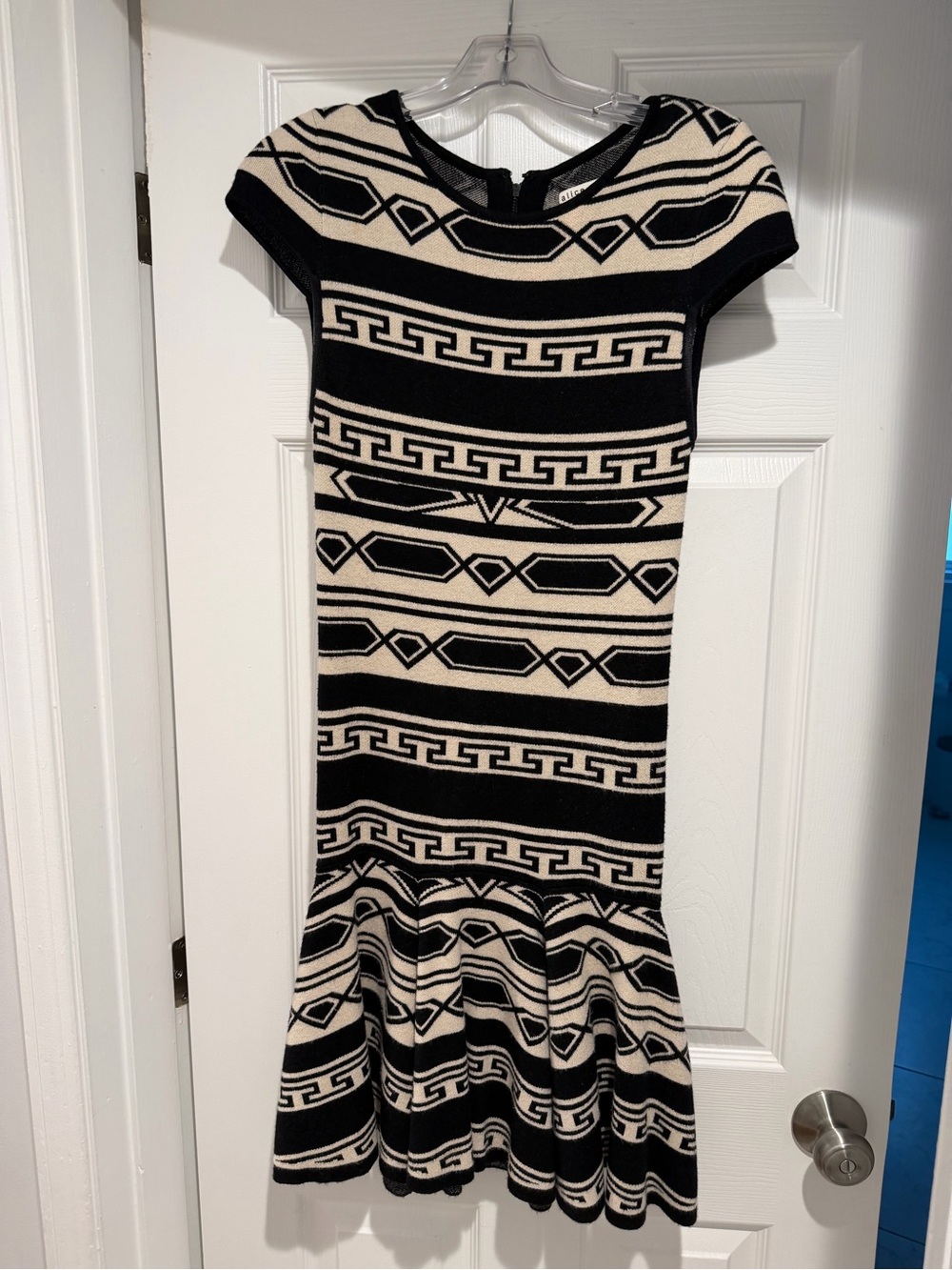 Alice + Olivia Black and Cream Geometric Knit Midi Dress